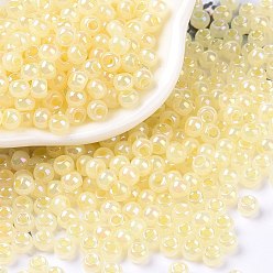 Champagne Yellow 6/0 Opaque Colours Rainbow Plated Round Glass Seed Beads, Champagne Yellow, 4x3mm, Hole: 1.2mm, about 7200pcs/pound