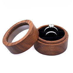 Black Round Wood Couple Ring Storage Boxes, Wooden Wedding Ring Gift Case with Velvet Inside and Visible Window, for Wedding, Valentine's Day, Black, 50x35mm