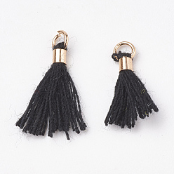 Black Polycotton(Polyester Cotton) Tassel Pendant Decorations, Mini Tassel, with Brass Findings, Light Gold, Black, 10~15x3~4mm, Hole: 2mm