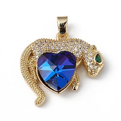 Blue Real 18K Gold Plated Rack Plating Brass Micro Pave Clear Cubic Zirconia Pendants, with Glass, Long-Lasting Plated, Cadmium Free & Lead Free, Leopard with Heart Charm, Blue, 24.5x25x8.2mm, Hole: 5x3.2mm