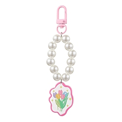 Pearl Pink Alloy Acrylic Pendant Decorations, with Imitation Pearl Acrylic Beads, Flower Patterns, Pearl Pink, 126mm