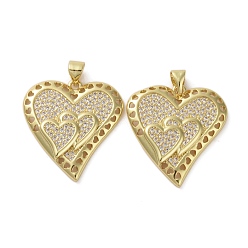 Real 16K Gold Plated Brass Micro Pave Clear Cubic Zirconia Pendants, Heart, Real 16K Gold Plated, 25x24x3.5mm, Hole: 4.5x3.5mm