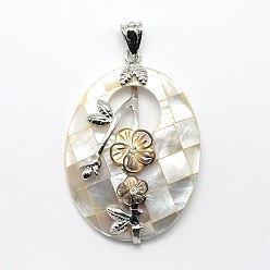 White Shell Brass White Shell Oval with Flower Pendants, with Rhinestone, 48x31x8mm, Hole: 4x5mm