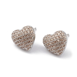 Bisque Heart Brass Cubic Zirconia Ear Studs for Women Men, Lead Free & Cadmium Free, Platinum, Long-Lasting Plated, Bisque, 11x12x4mm, Pin: 0.8mm