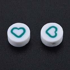 Teal Handmade Polymer Clay Beads, Flat Round with Heart, Teal, 9~9.5x4~5mm, Hole: 1.6mm