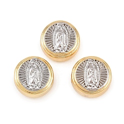 Платиновый & Золотой Двухцветные латунные бусины, долговечный, плоские круглые с Девой Марией, стойки покрытие, без свинца и без кадмия, платиной и золотом, 10x5.5 мм, отверстие : 1.8 мм
