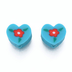 Sky Blue Handmade Polymer Clay Beads, Heart with Flower, Sky Blue, 9~9.5x10~10.5x4.5~5mm, Hole: 1.6mm