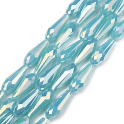 Light Sky Blue Electroplated Opaque Glass Beads Strands, Full Rainbow Plated, Faceted, Teardrop, Light Sky Blue, 15x6mm, Hole: 1mm, about 50pcs/Strand, 28.35 inch(72cm)