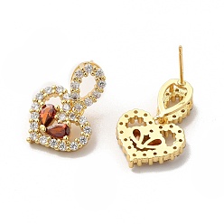 Sienna Cubic Zirconia Heart Stud Earrings, Rack Plating Real 18K Gold Plated Brass Jewelry for Women, Cadmium Free & Lead Free, Sienna, 13x14.5mm, Pin: 1mm