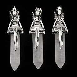Quartz Crystal Natural Quartz Crystal Pointed Pendants, Rock Crystal Pendants, Faceted Bullet Charms, with Rack Plating Platinum Plated Brass Fairy, 24x13mm, Hole: 5x8mm