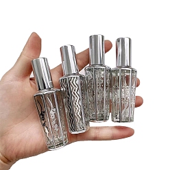 Silver Wave/Flower Pattern Arabic Style Refillable Glass Spray Bottle, Fine Mist Atomizers, Travel Cosmetic Containers, Silver, 2.5x9.3cm, Capacity: 15ml(0.51fl. oz)