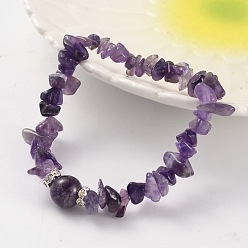 Amethyst Chips Natural Amethyst Beaded Stretch Bracelets, with Brass Rhinestone Findings, Silver Color Plated, 59mm