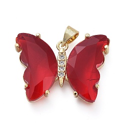 Red Brass Micro Pave Clear Cubic Zirconia Pendants, with Glass, Butterfly, Golden, Red, 20x26.5x5mm