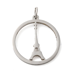 Eiffel Tower 304 Stainless Steel Pendants, with Jump Ring, Flat Round, Stainless Steel Color, Eiffel Tower, 33x29.5x2mm, Hole: 5.5mm