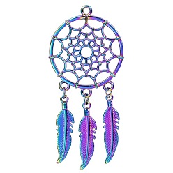 Rainbow Color Rainbow Color Alloy Big Pendants, Woven Net/Web with Feather, 60x27mm, Hole: 2mm