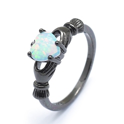 Gunmetal Synthetic Opal Finger Rings, with Cubic Zirconia and Brass Findings, Long-Lasting Plated, Irish Heart, Size 7, White, Gunmetal, 17mm