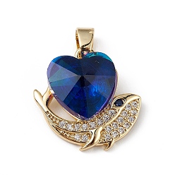Dark Blue Real 18K Gold Plated Rack Plating Brass Micro Pave Cubic Zirconia Pendants, with Glass, Long-Lasting Plated, Cadmium Free & Lead Free, Heart & Whale, Dark Blue, 19x19x8mm, Hole: 5x3mm