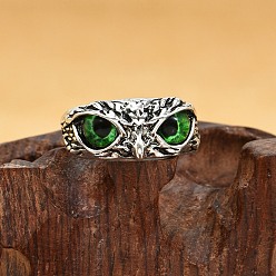 Dark Green Resin Owl Adjustable Ring, Antique Silver Alloy Ring, Dark Green, US Size 8(18.1mm)