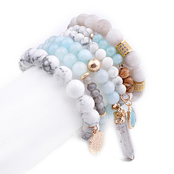 BCSET18 Natural Agate White Turquoise Crystal Pendant Elastic Bracelet Set for DIY Women