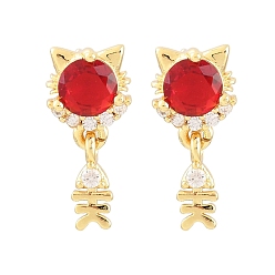 Красный Латунь микро проложить кубический цирконий болтаться серьги стержня, форма кошки с рыбьей костью, долговечный, стойки покрытие, без свинца и без кадмия, реальный 18 k позолоченный, красные, 19x9 мм