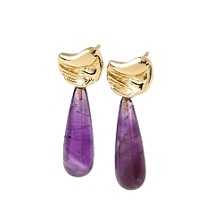 Аметист Серьги-гвоздики с каплевидной формой из натурального аметиста, с латунной фурнитурой и 925 булавками из стерлингового серебра, золотые, 34.5x11.5 мм