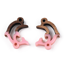 Pink Opaque Resin & Walnut Wood Connector Charms, Dolphin Links, Pink, 14x18.5x3mm, Hole: 1.5mm