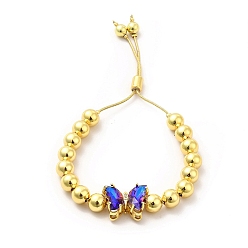 Bleu Bracelets coulissants à perles rondes en laiton plaqué en rack pour femmes, bracelets réglables papillon en verre plaqué longue durée, sans nickel et sans plomb, réel 18 k plaqué or, bleu, diamètre intérieur : 1-1/2~2-7/8 pouces (3.7~7.2 cm)