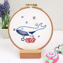 Whale DIY Display Decoration Embroidery Kit, including Embroidery Needles & Thread & Fabric, Plastic Embroidery Hoop, Whale Pattern, 81x95mm
