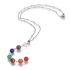 Stainless Steel Color Chakra Jewelry, Stainless Steel Pendant Necklaces, with Natural Mixed Stone, Curb Chains with Rondelle Beads, Stainless Steel Color, 16.33 inch(41.5cm), Pendants: 96x8.5mm
