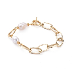 Golden Aluminium Paperclip Chain Bracelets, with Natural Keshi Pearl and 304 Stainless Steel Toggle Clasps, Golden, 7-5/8 inch(19.5cm)
