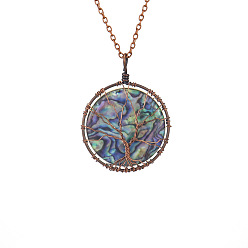 Antique copper wire abalone shell TikTok Synthetic Abalone Shell Tree of Life Disc Pendant Necklace Fortune Tree Wrapped Wire Round Necklace N616