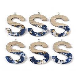 Letter S Кулоны из непрозрачной смолы и дерева, буквы, с платиновой петлей, Письмо с, 37.5~45x11~53x6 мм, отверстие : 2 мм