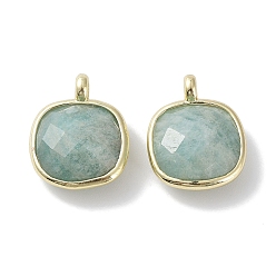 Amazonite Natural Amazonite Pendants, Faceted Square Charms, with Golden Plated Brass Edge Loops, 16.5x13x6mm, Hole: 2.2mm