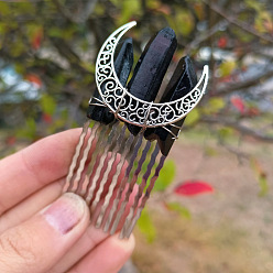 Black Natural Crystal Quartz Hair Combs, with Metal Finding, for Women, Moon, Black, 70x35mm