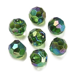 Green UV Plating Rainbow Iridescent Acrylic European Beads, Faceted, Large Hole Beads, Round, Green, 15.5x15.5mm, Hole: 4mm