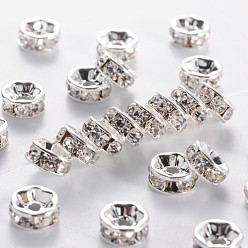 Crystal Brass Grade A Rhinestone Spacer Beads, Silver Color Plated, Nickel Free, Crystal, 7x3.2mm, Hole: 1.2mm