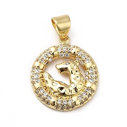 Clear Brass Micro Pave Clear Cubic Zirconia Pendants, Ring with Cheetah Charm, Real 18K Gold Plated, Clear, 19x16x3mm, Hole: 3.5x4.5mm