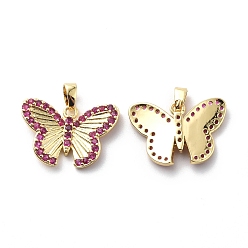 Deep Pink Brass Cubic Zirconia Pendants, Butterfly Charm, Real 18K Gold Plated, Deep Pink, 15x21x3.5mm, Hole: 2.5x4.5mm