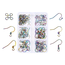 Rainbow Color 50Pcs 5 Style Ion Plating(IP) Rainbow Color 304 Stainless Steel French & Flat Earring Hooks, with Beads, with 50Pcs Open Jump Rings, 16~19x17~23mm, Hole: 2mm, 22 Gauge, Pin: 0.6mm, 10pcs/style