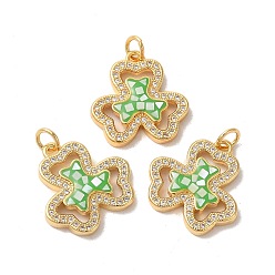 Светло-зеленый Клеверная стойка, латунные подвески с цирконием, с эмалью и ракушкой, долговечный, без свинца и без кадмия, реальный 18 k позолоченный, с прыжковых колец, светло-зеленый, 19x19x3 мм, отверстие : 3 мм