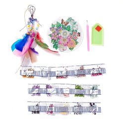 Flower DIY Diamond Painting Hanging Woven Net/Web with Feather Pendant Kits, Including Acrylic Plate, Pen, Tray, Feather and Bells, Wind Chime Crafts for Home Decoration, Flower Pattern, 400x146mm
