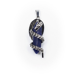 Natural Agate Natural Blue Agate Dyed Double Terminal Pointed Pendants, Dragon Charms with Faceted Bullet, with Antique Silver Tone Alloy Findings, 39x15mm