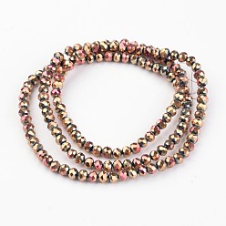 Rose Gold Plated Electroplate Glass Bead Strands, Faceted, Rondelle, Rose Gold Plated, 4x3mm, Hole: 1mm, about 146pcs/strand, 18.8 inch