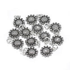 Antique Silver Thailand 925 Sterling Silver Charms, with Jump Ring, Sunflower, Antique Silver, 14x11x2.5mm, Hole: 4mm