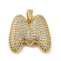 Letter M Brass Micro Pave Cubic Zirconia Pendants, Cadmium Free & Lead Free, Long-Lasting Plated, Real 18K Gold Plated, Letter M, 19.5x21.5x5mm, Hole: 4.5x3mm