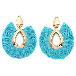 Dark Turquoise Alloy Teardrop Stud Earrings, Bohemia Style Horseshoe Tassel Dangle Earrings for Women, Dark Turquoise, 80x68mm