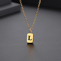 Letter L Titanium Steel Rectangle with Initial Letter Pendant Necklace with Cable Chains for Women, Golden, Letter.L, 17.72 inch(45cm)