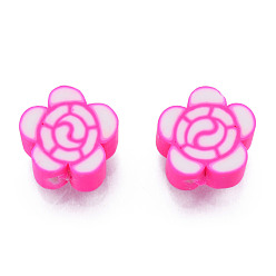 Deep Pink Handmade Polymer Clay Beads, Flower, Deep Pink, 9~10x9~10x4.5~5mm, Hole: 1.4~1.8mm