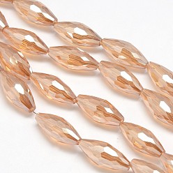 Light Salmon Electroplate Crystal Glass Rice Beads Strands, Faceted, Rainbow Color Plated, Light Salmon, 19x8mm, Hole: 1mm, about 40pcs/strand, 29.1 inch