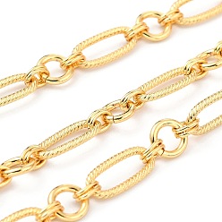 Real 18K Gold Plated Handmade Brass Oval Textured Link Chains, with Round Link Rings, Unwelded and with Spool, Lead Free & Nickel Free & Cadmium Free, Long-Lasting Plated, Real 18K Gold Plated, Oval: 15x6.5x1.5mm, Link: 5x4x2mm & 7x1.5mm, about 16.4 Feet(5m)/roll